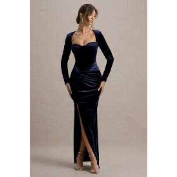 Club L London NAVY VELVET CORSET STYLE KNOT MAXI DRESS size US 6 UK 10 NWT - Picture 1 of 13